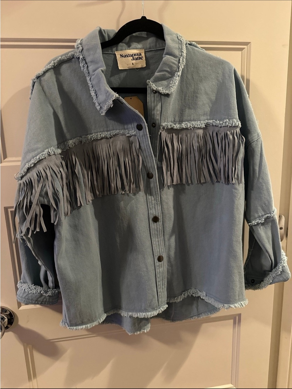 Savanna Jane Pale Blue Denim Fringe Jacket
